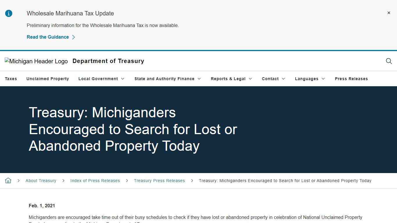 Treasury: Michiganders Encouraged to Search for Lost or Abandoned Property Today