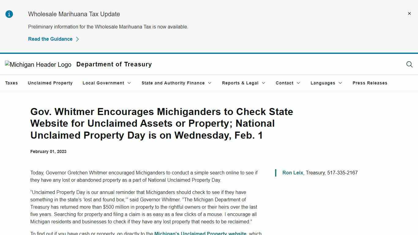 Gov. Whitmer Encourages Michiganders to Check State Website for Unclaimed Assets or Property; National Unclaimed Property Day is on Wednesday, Feb. 1
