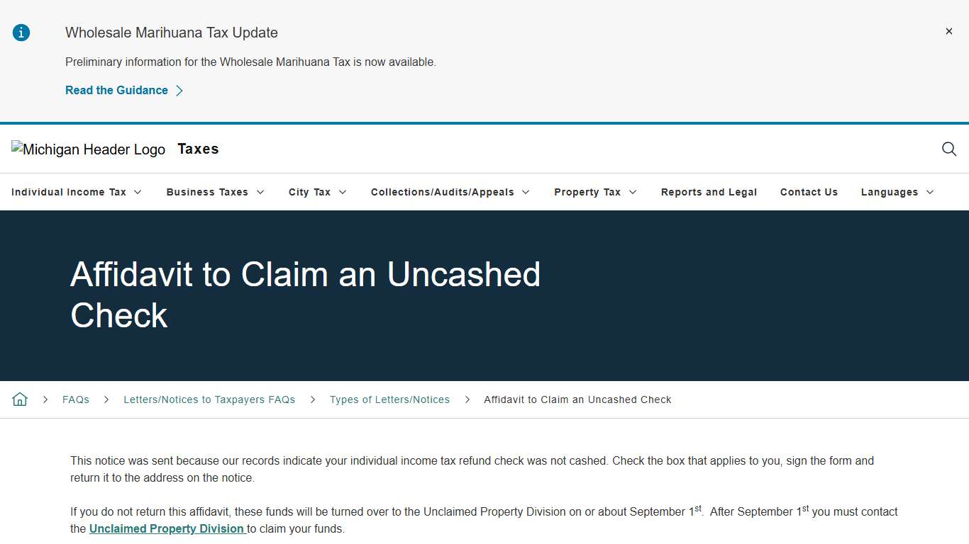 Affidavit to Claim an Uncashed Check